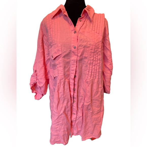 Soft Surroundings Pink Linen Boho Casual Button Up Roll Tab Sleeve Utility Top - Picture 3 of 7
